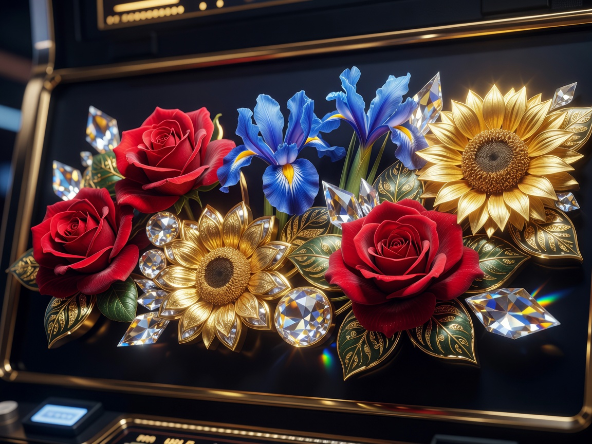Premium 3D slot machine symbols featuring vibrant flowers, golden highlights, and crystal reflections